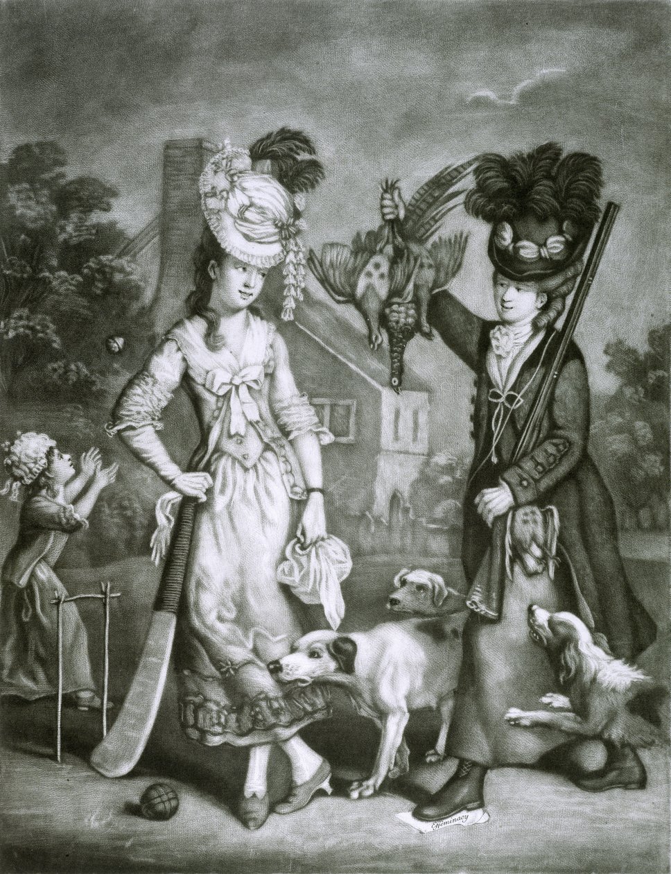 Miss Wicket i Miss Trigger, 1778 (mezzotinta) autorstwa John Collet