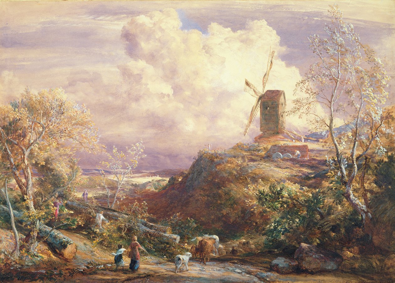 Wiatrak na wzgórzu z poganiaczami bydła autorstwa John Constable