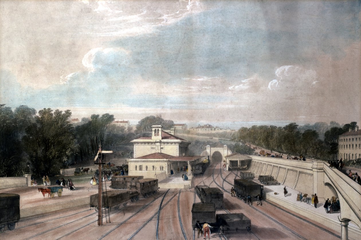 Dworzec kolejowy Tunbridge Wells, Kent, ok. 1840 r. autorstwa John Cooke Bourne