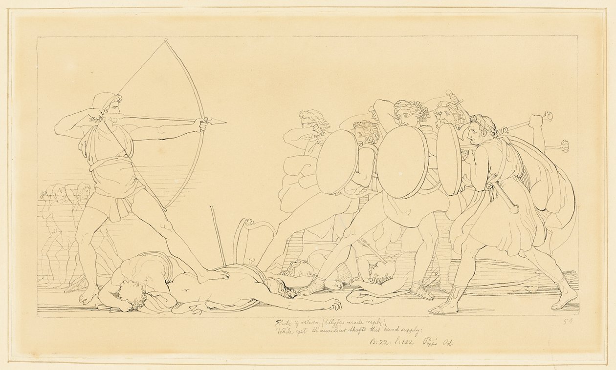 Odyseusz zabijający zalotników autorstwa John Flaxman