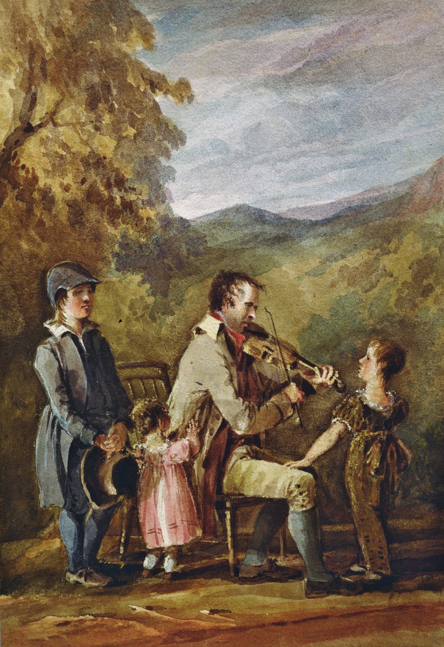 Niewidomy Skrzypek (atrament i toaleta na papierze) autorstwa John Harden