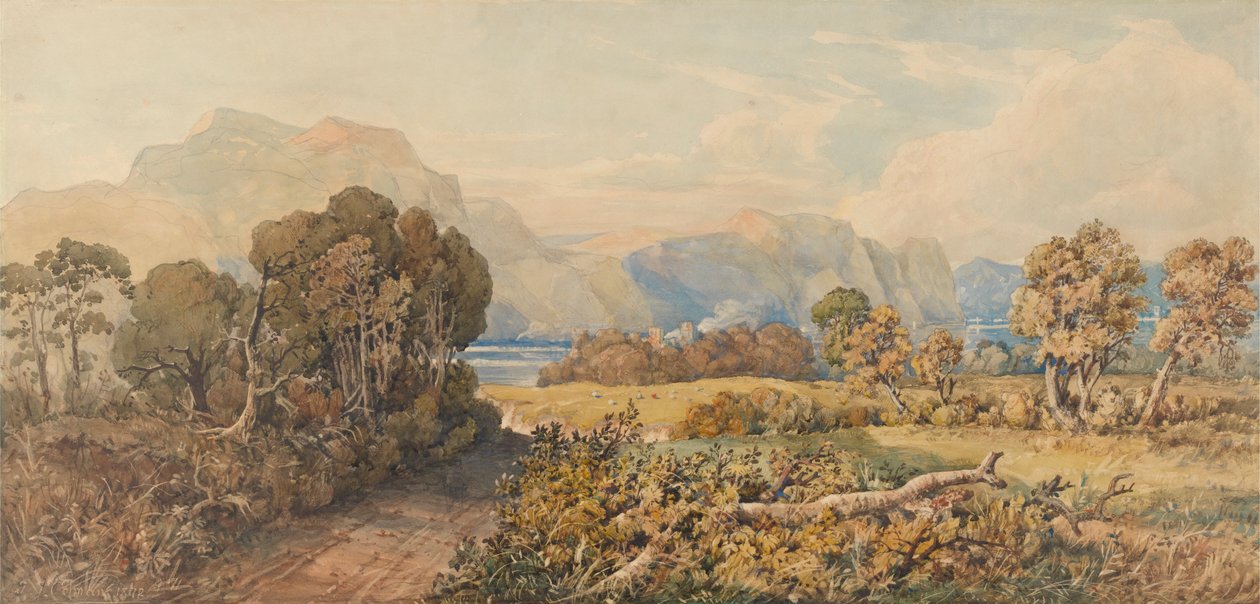 Krajobraz z rzeką i górami autorstwa John Joseph Cotman
