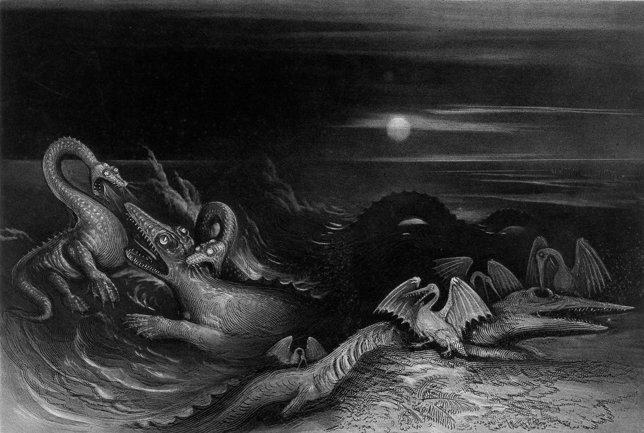 Plesiosaurus walczący z Temnodontosaurus (Oligostinus), 1840 autorstwa John Martin