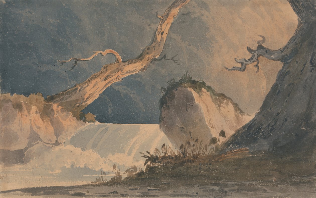 Wodospad w opustoszałym krajobrazie autorstwa John Sell Cotman