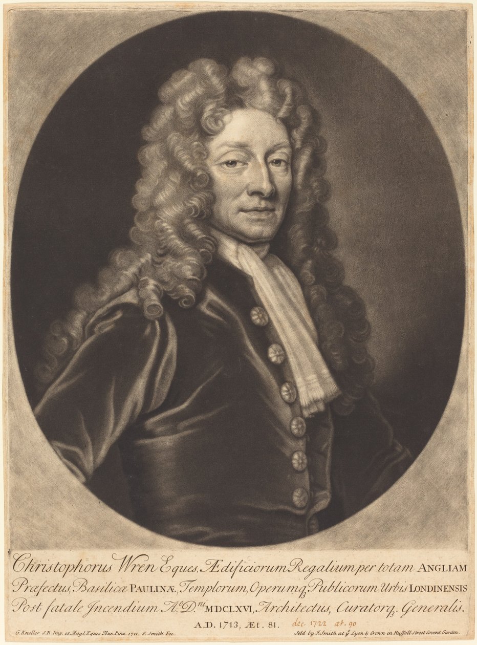 Sir Christophera Wrena autorstwa John Smith after Sir Godfrey Kneller
