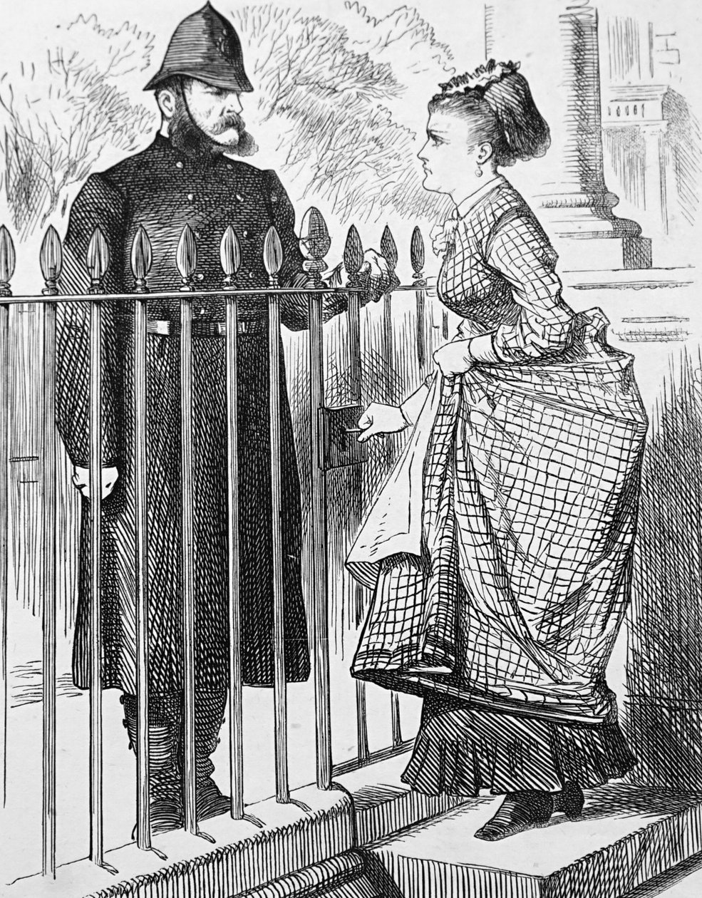 Policjant rozmawiający z młodą kobietą autorstwa John Tenniel