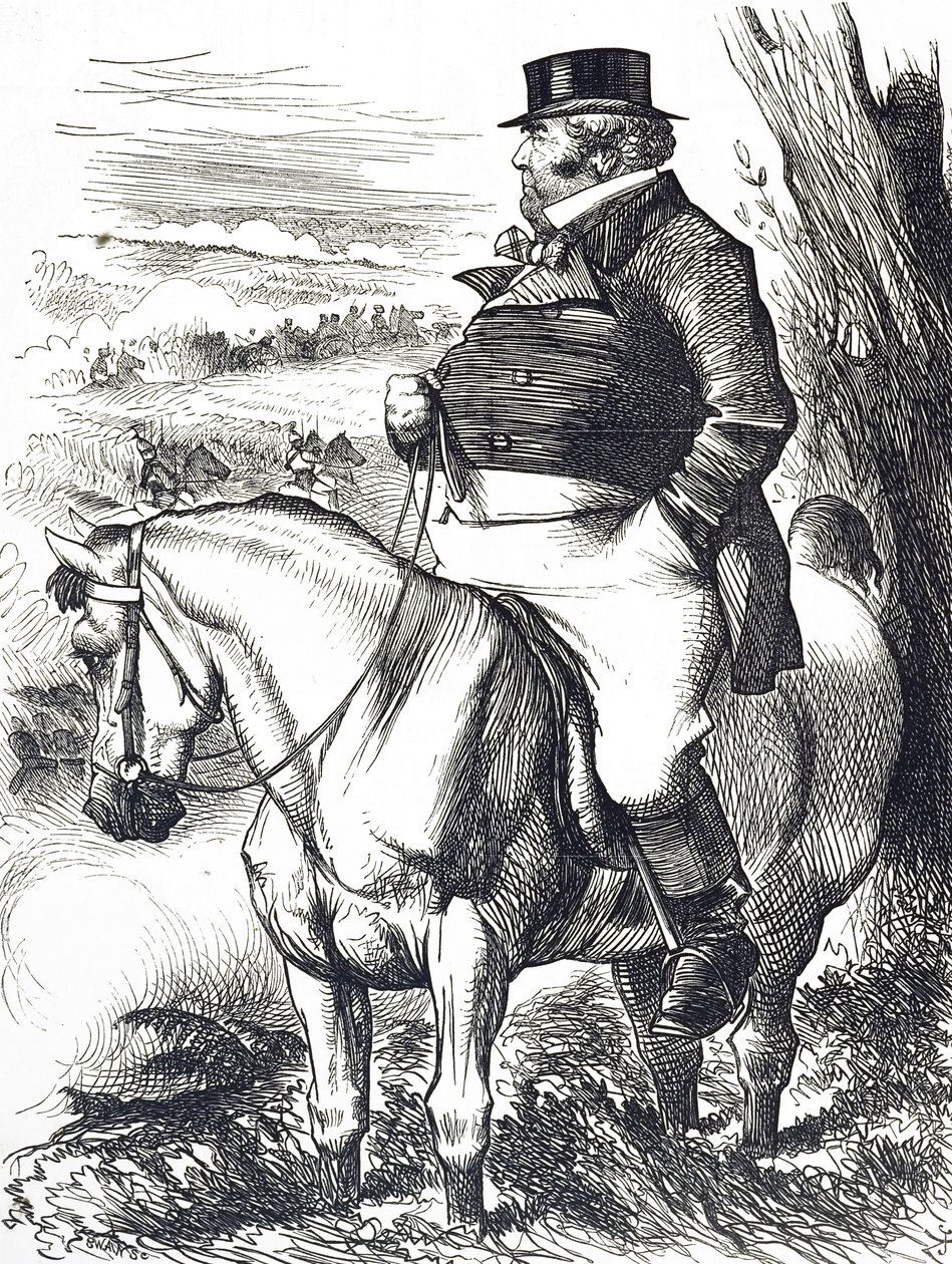 Kreskówka przedstawiająca Johna Bulla oglądającego jesienne manewry autorstwa John Tenniel
