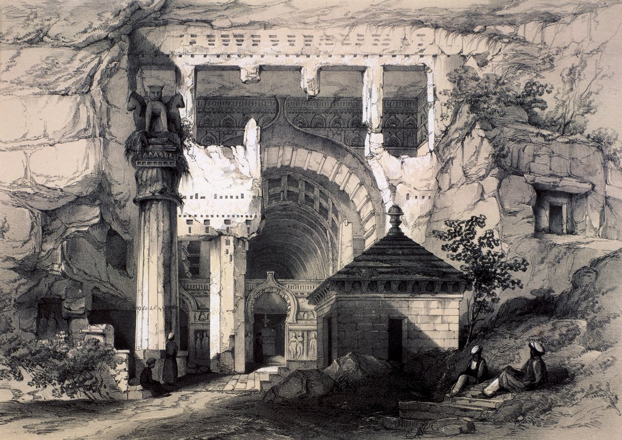 Karli, Wejście do Wielkiej Jaskini Chaitya, 1845. autorstwa John Weale