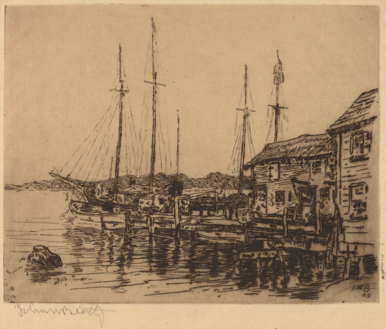 Łodzie rybackie wzdłuż nabrzeża, Noank, Conn. autorstwa John Wesley Beatty