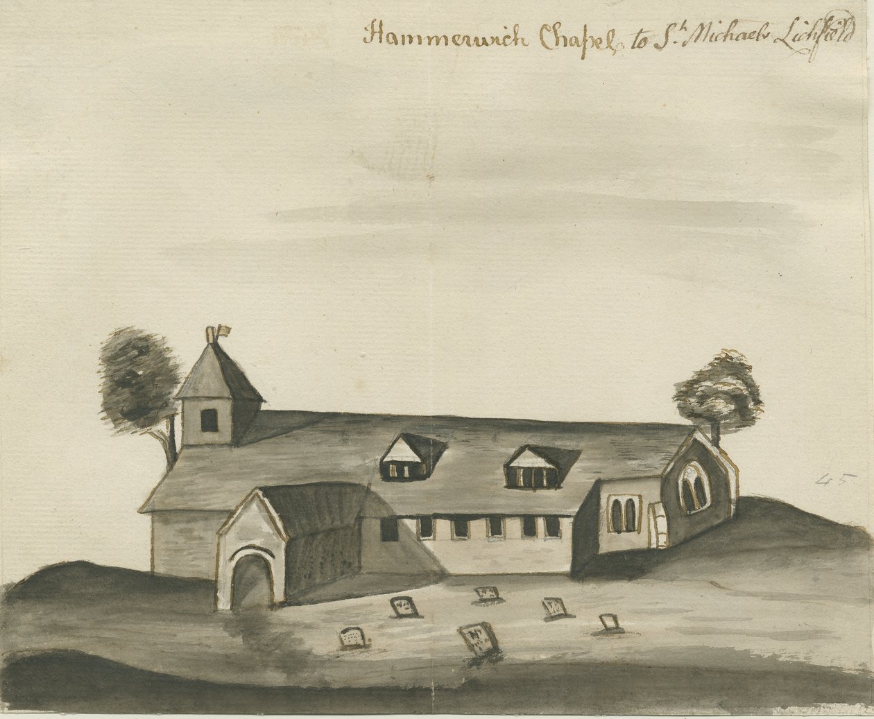 Kościół Hammerwich: rysunek w sepii, bd [ok. 1780] autorstwa John Wright