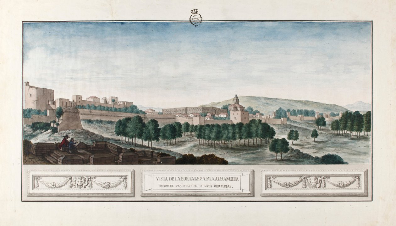 Widok na Alhambrę w Granadzie, z zamku Torres Bermejas. autorstwa José de Hermosilla