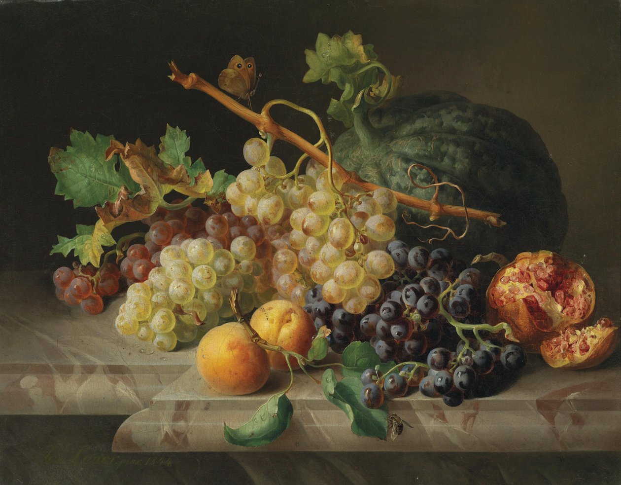Martwa natura z granatem, winogronami i melonem autorstwa Josef Lauer