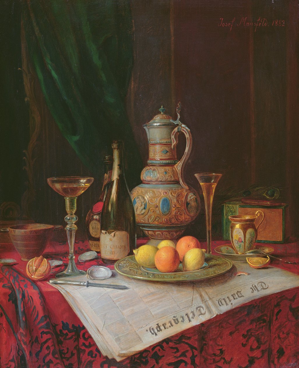 Martwa natura z butelką szampana, 1882 (panel) autorstwa Josef Mansfeld