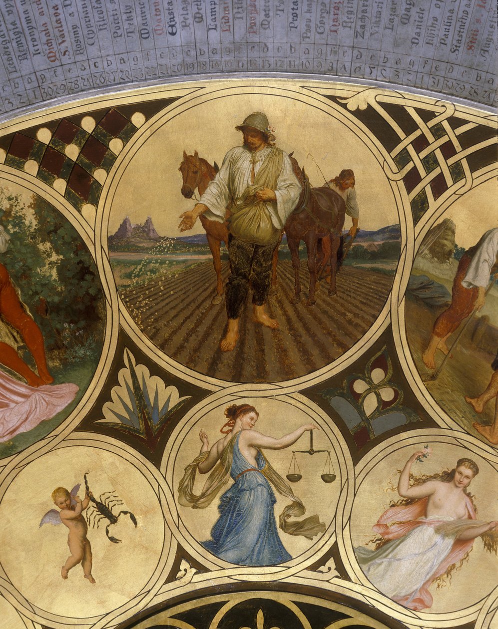 Kalendarium praskiego zegara astronomicznego – wrzesień 1865-66 (olej na płycie miedzianej) autorstwa Josef Mánes