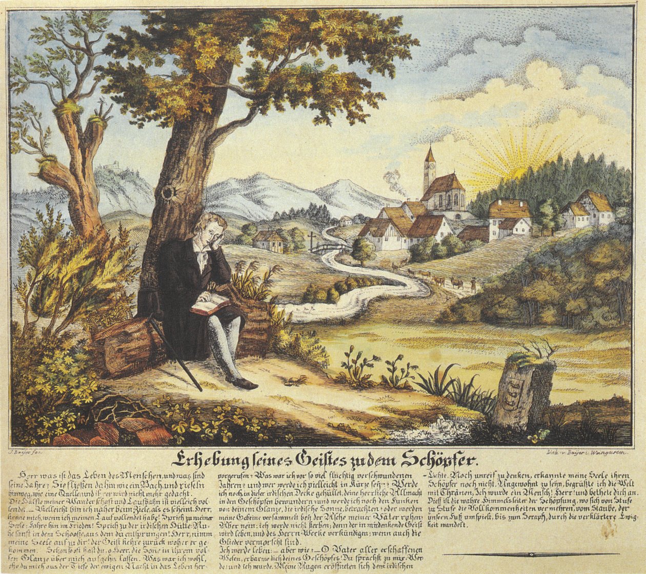 Podniesienie jego ducha do twórcy, obrazek dewocyjny z tekstem modlitewnym, litografia kolorowa, przed 1846 r. autorstwa Joseph Bayer