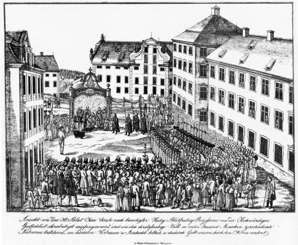 Weingarten, dziedziniec klasztorny, przyjęcie Reqlique Świętej Krwi przez duchowieństwo po procesji Świętej Krwi, początek lat 40. XIX wieku autorstwa Joseph Bayer