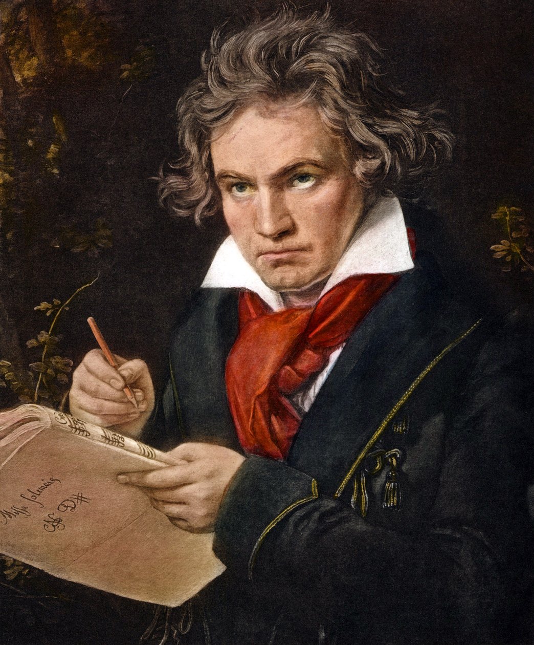 Ludwig van Beethoven trzymający Missa Solemnis litografia kolorowa autorstwa Joseph Carl Stieler