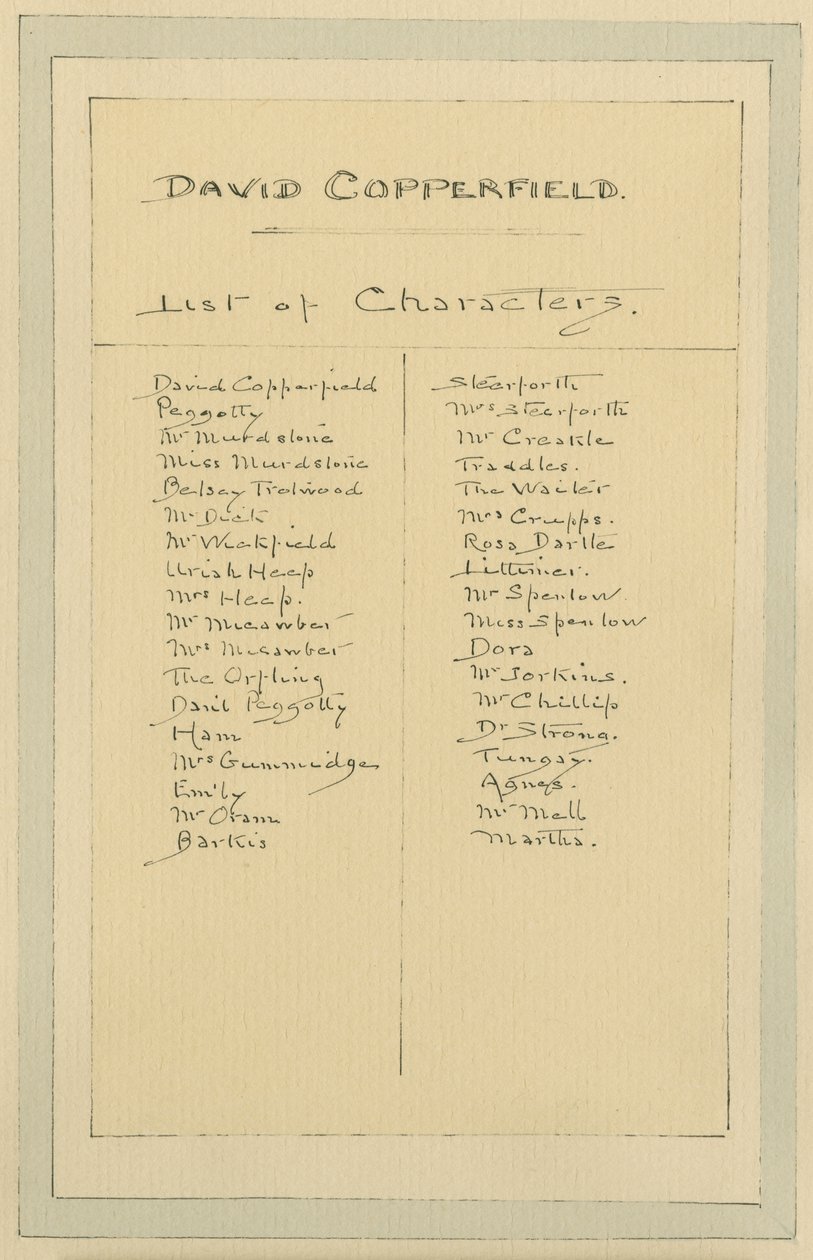 Lista postaci, ok. 1920 (pióro i atrament z toaletą na papierze) autorstwa Joseph Clayton Clarke