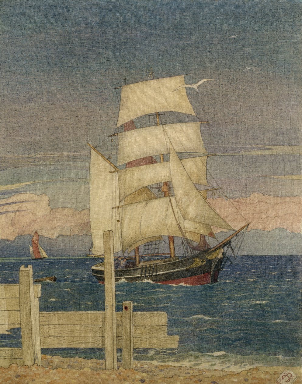Żaglowiec, 1935 (toaleta i ołówek na tkaninie) autorstwa Joseph Edward Southall
