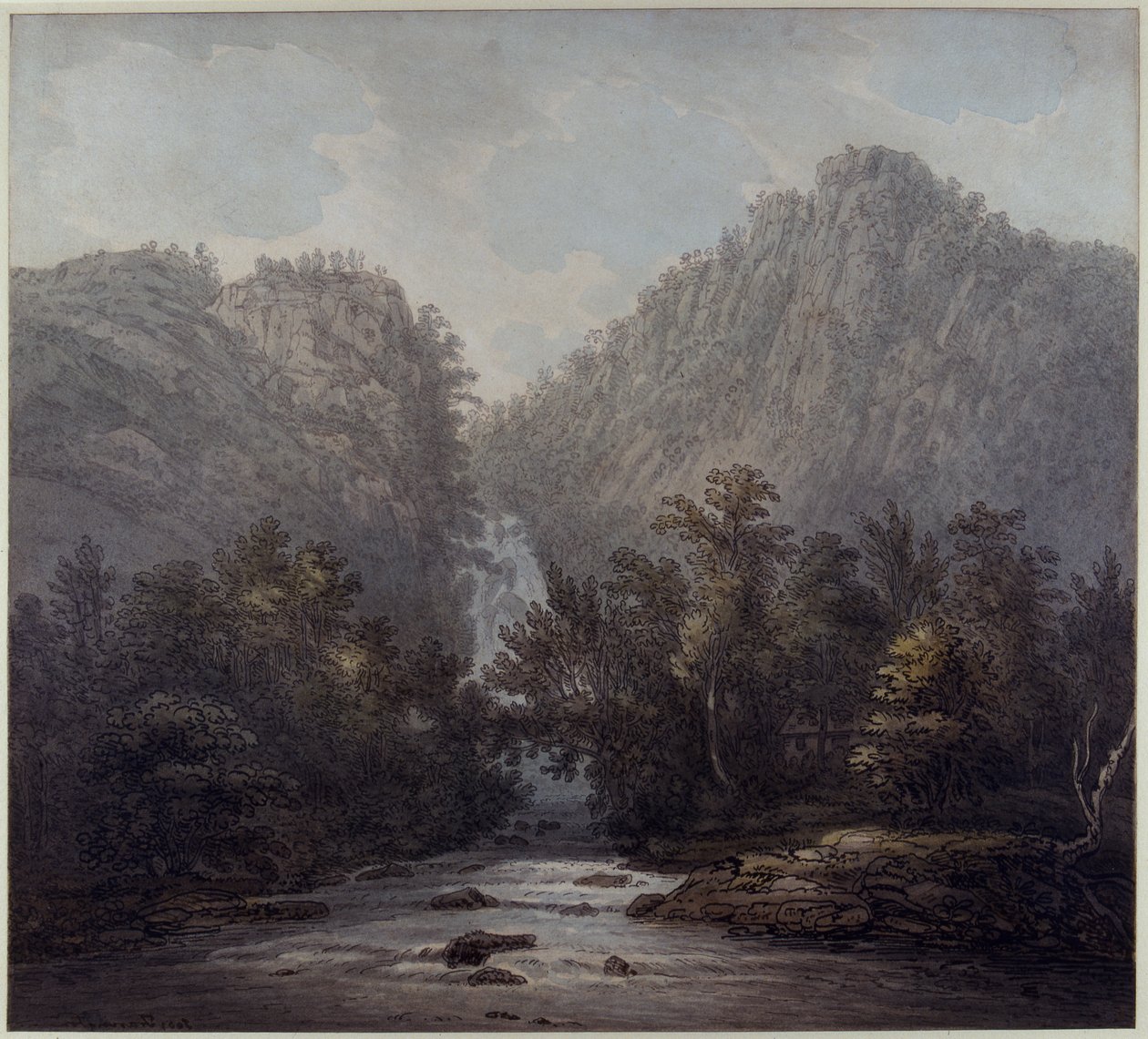 Wodospad Lodore, Westmoreland, 1785 (pióro i atrament i toaleta na papierze) autorstwa Joseph Farington