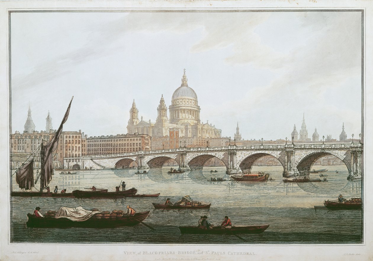 Widok na most Blackfriars i katedrę św. Pawła, rytowany przez J. C. Stadlera (fl.1780-1812), wyd. 1790 przez Williama Byrne