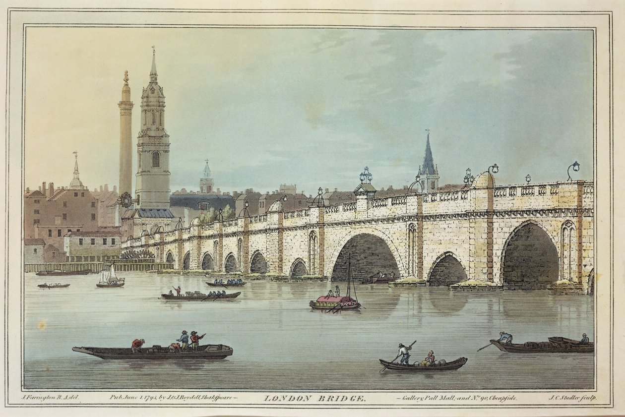 Widok na Old London Bridge, ryty J.C. Stadler (fl.1780-1812), 1795 (kolorowa akwatinta) autorstwa Joseph Farington