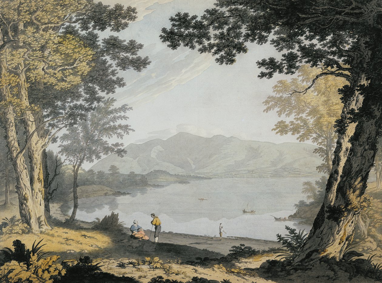 Widok Skiddaw i Derwentwater, ok. 1780 (wc i pióro nad ołówkiem) autorstwa Joseph Farington