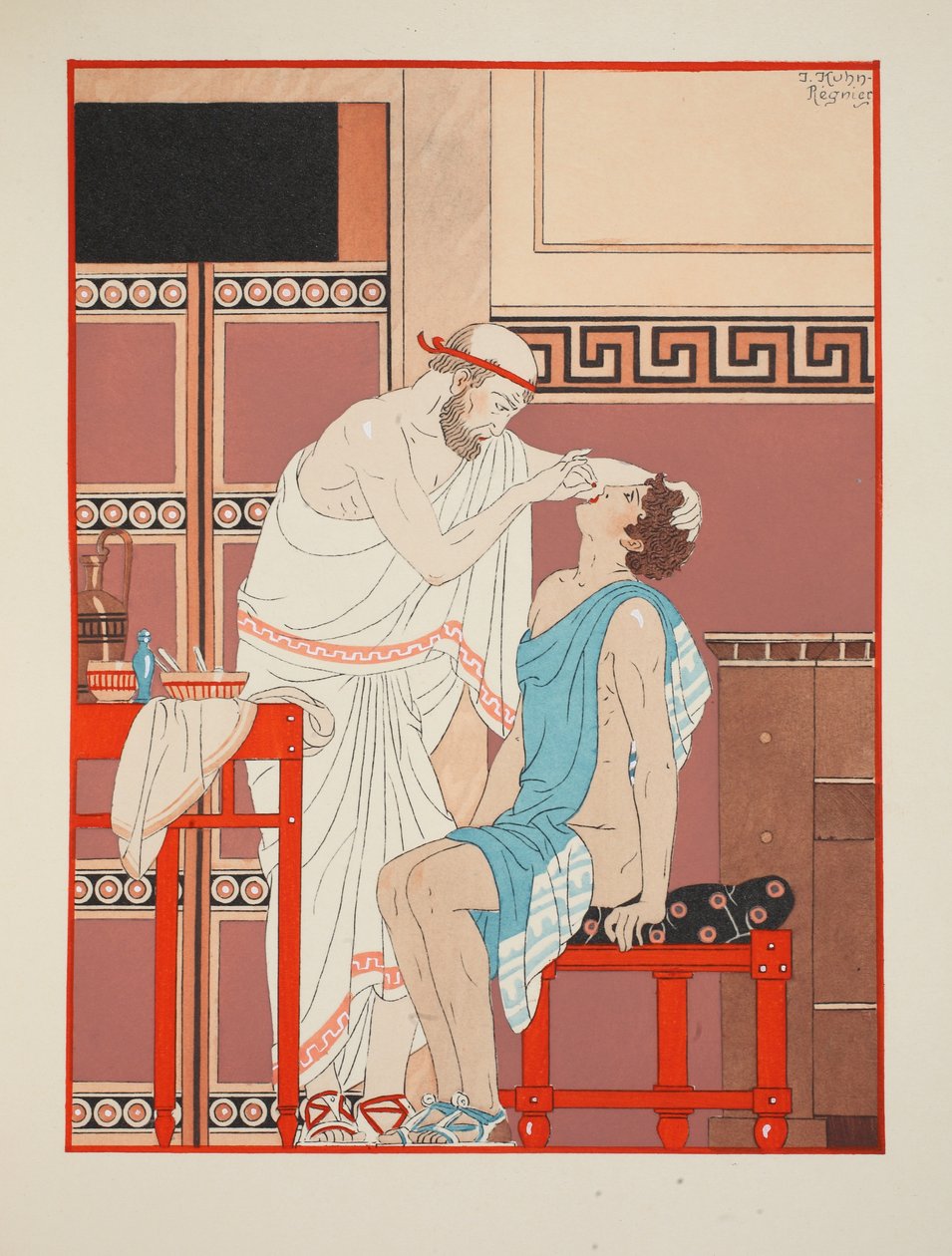 Leki stosowane w nozdrzach podczas gorączki, ilustracja z „Dzieła Hipokratesa”, 1934 autorstwa Joseph Kuhn Regnier