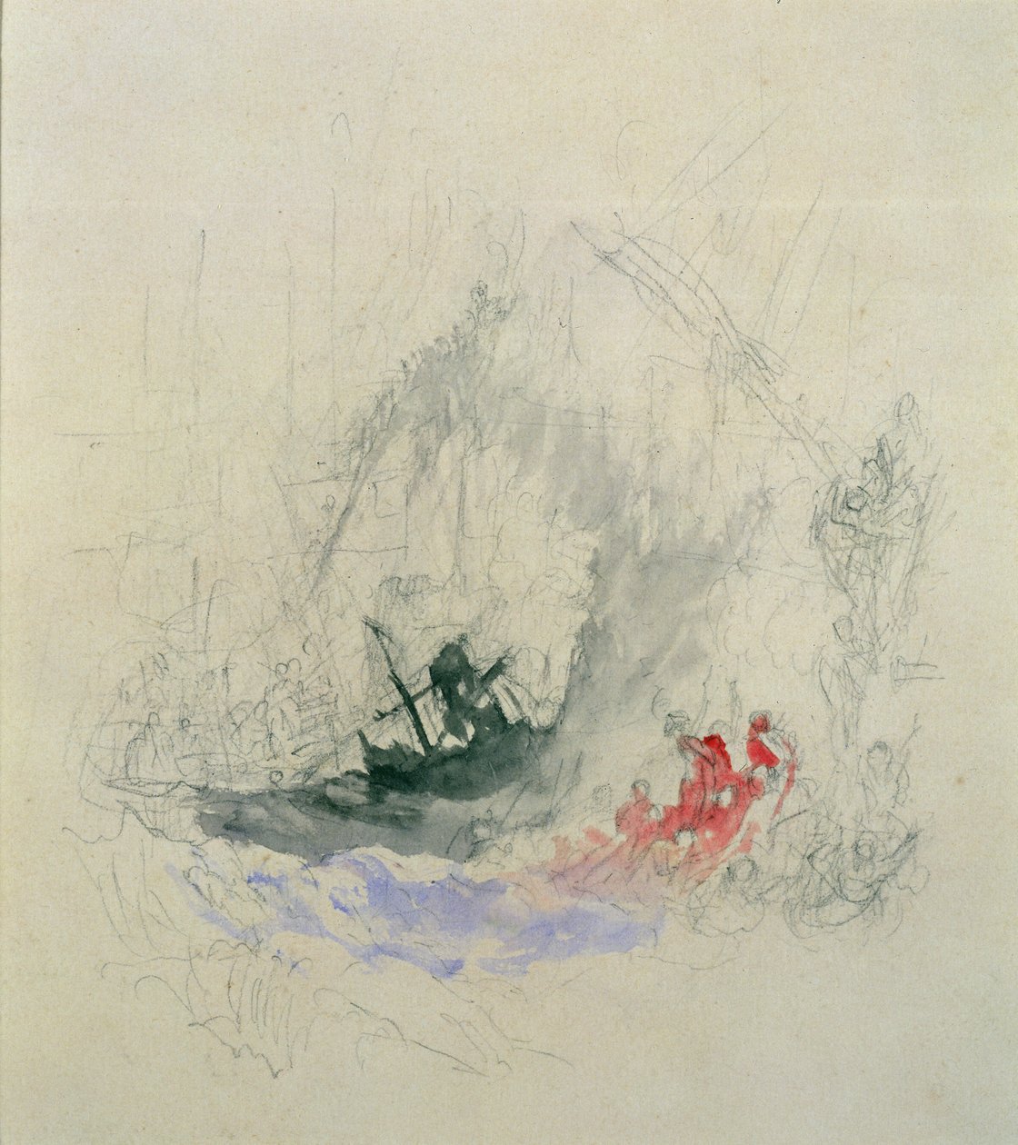 Ogień na morzu, projekt winiety, 1835 (ołówek i wc na papierze) autorstwa Joseph Mallord William Turner