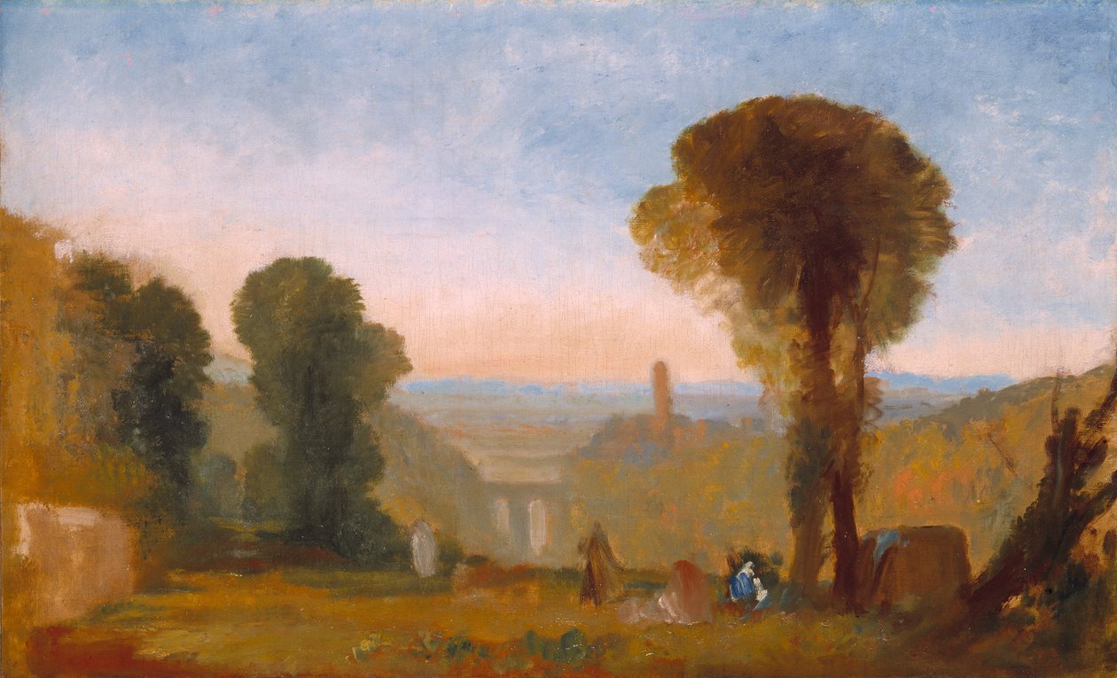 Włoski krajobraz z mostem i wieżą autorstwa Joseph Mallord William Turner