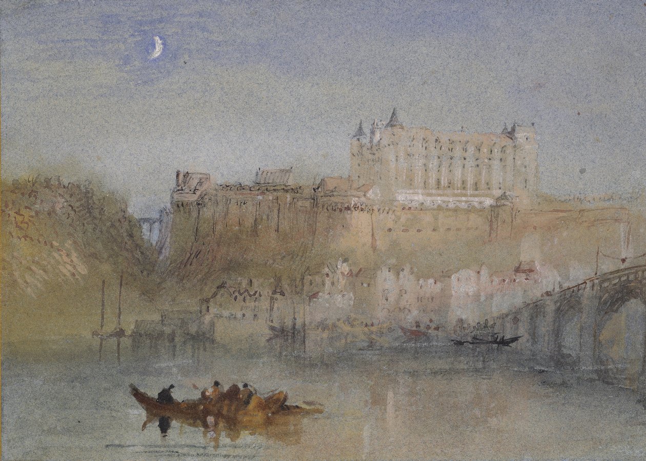 Most i zamek w Amboise, ok. 1930 r. 1830 (akwarela na graficie z body i długopisem oraz brązowym, czarno-czerwonym tuszem) autorstwa Joseph Mallord William Turner