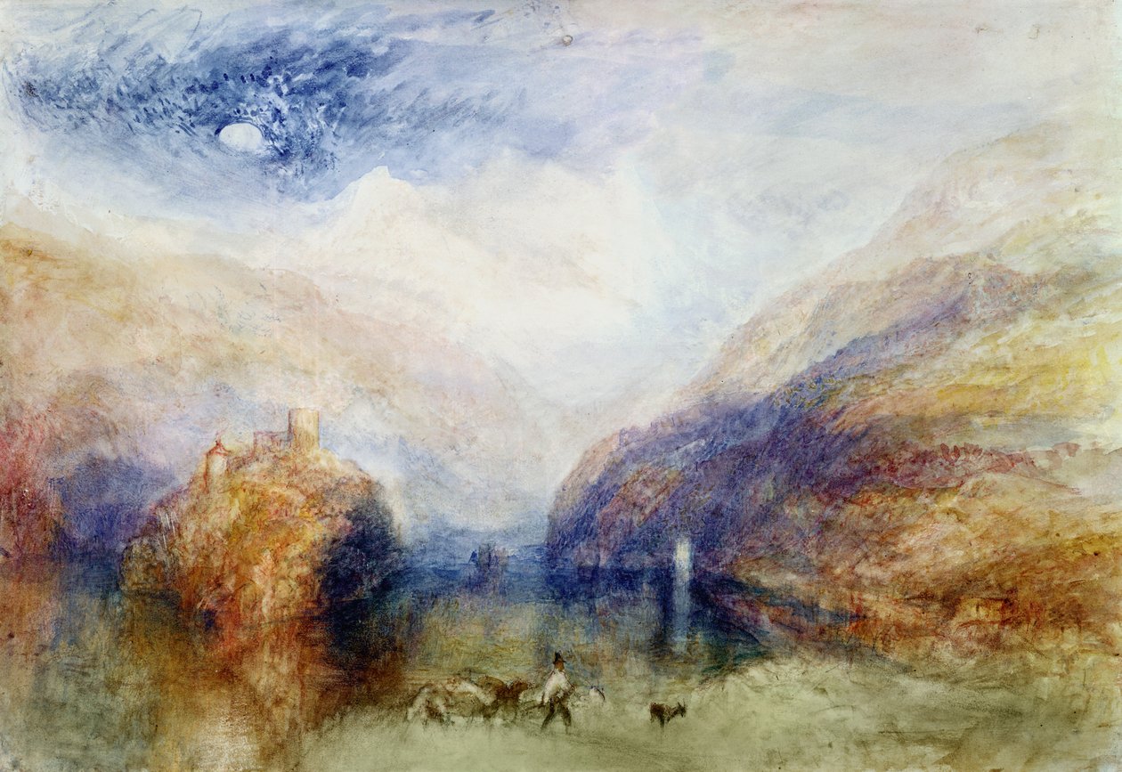 Jezioro Lauerzersee z mitami, ok. 1848 (toaleta, długopis i atrament i drapanie na papierze) autorstwa Joseph Mallord William Turner