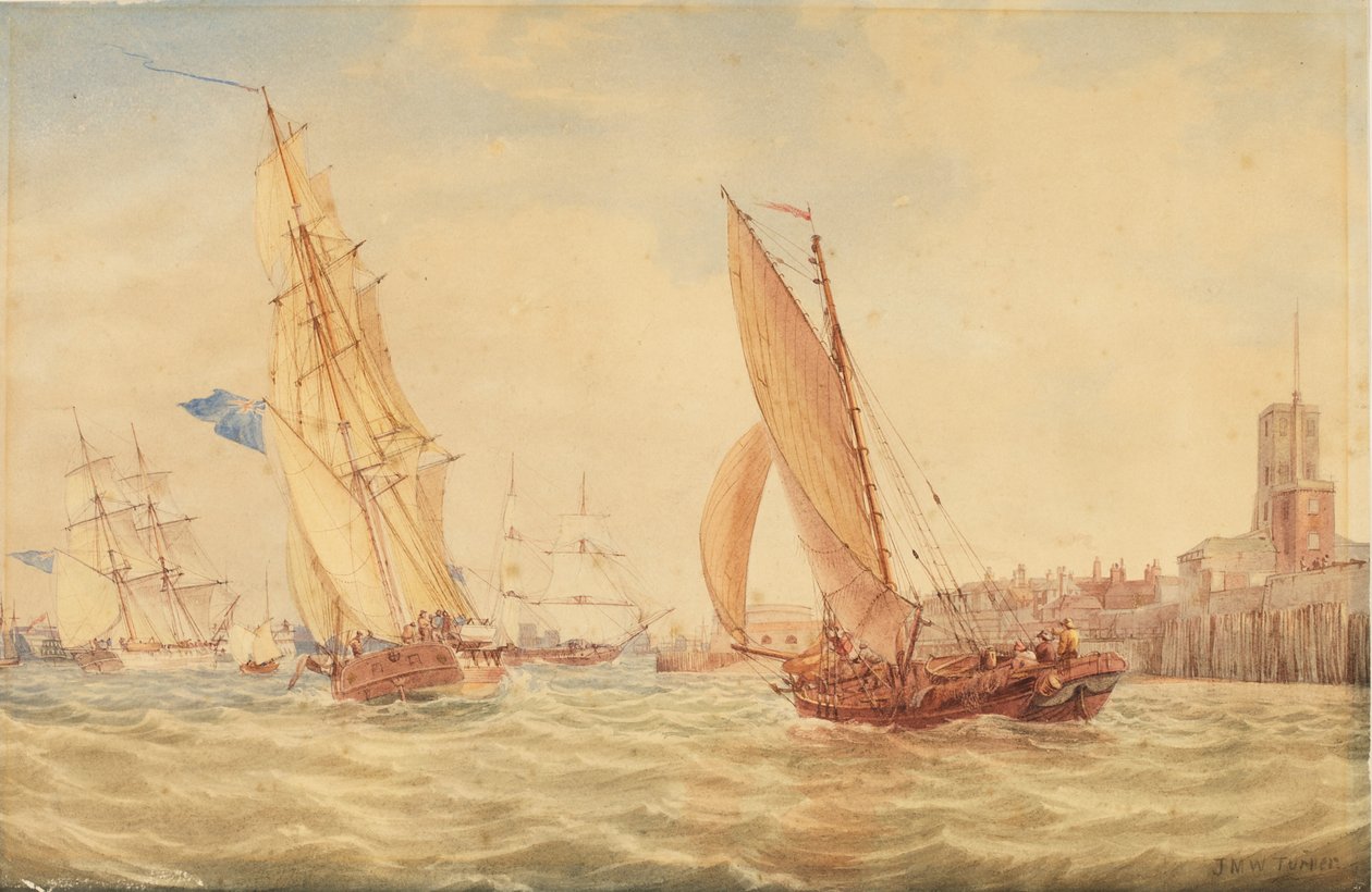 Trzy slupy wojenne i kuter rybacki wchodzący do portu, Portsmouth, ok.1800-30 autorstwa Joseph Mallord William Turner