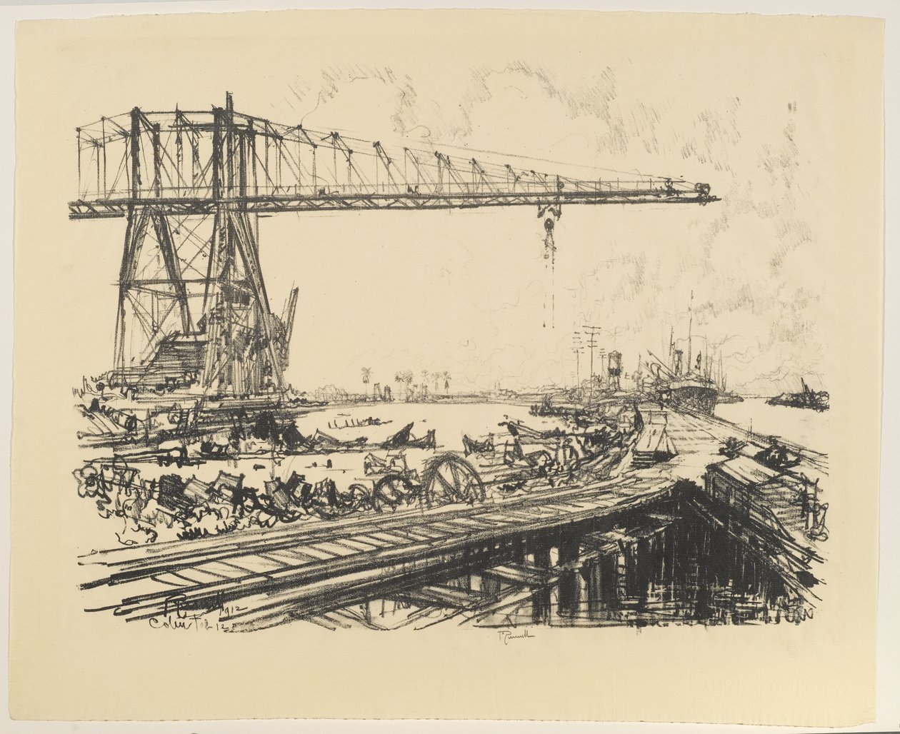 Panama - Francuskie Canal and American Cranes, 1912 (lit na papierze) autorstwa Joseph Pennell