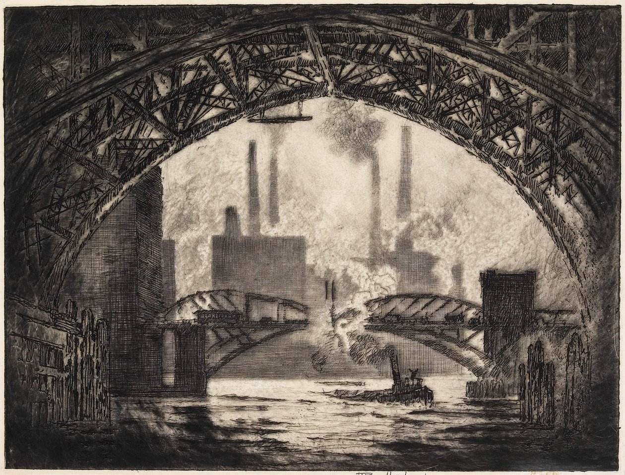 Pod mostami, Chicago, 1910 autorstwa Joseph Pennell