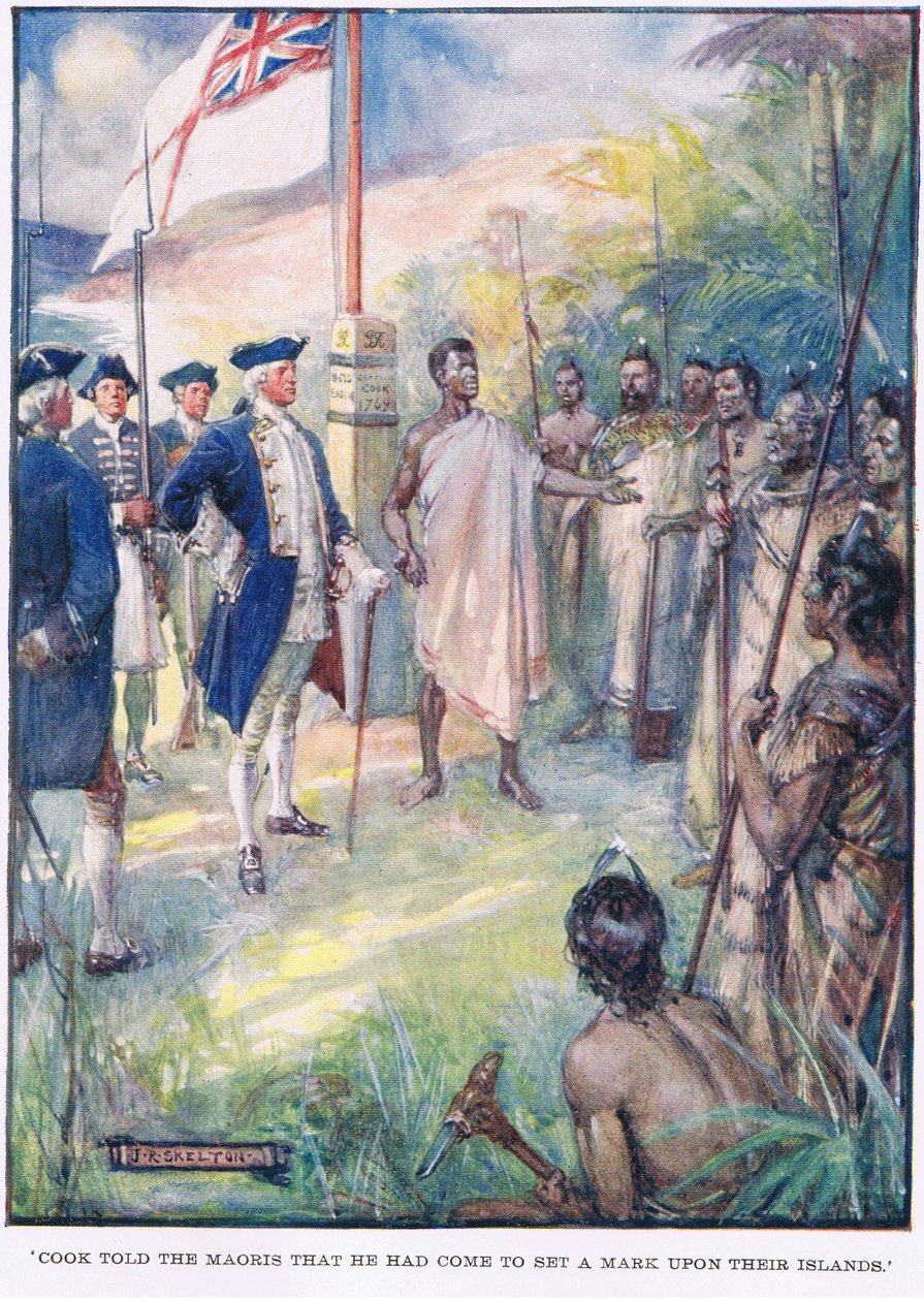 Cook powiedział Maorysom, że przybył, aby zaznaczyć na ich wyspach autorstwa Joseph Ratcliffe Skelton