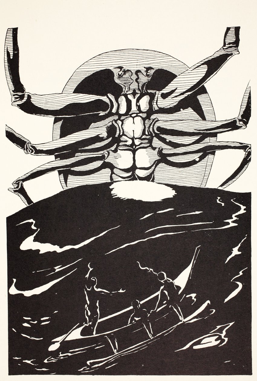 Krab Pau Amma wynurzający się z morza tak wysoki jak dym trzech wulkanów, ilustracja z pubu „Just So Stories for Little Children” Rudyarda Kiplinga. Londyn, 1951 autorstwa Joseph Rudyard Kipling