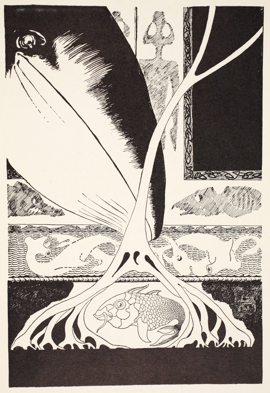 Wieloryb szuka „Stute Fish”, ilustracja z „Just So Stories for Little Children” Rudyarda Kiplinga, wyd. Londyn, 1951 autorstwa Joseph Rudyard Kipling