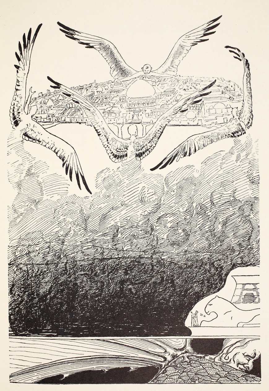 Cztery mewowate djinnów podnoszących pałac Sulejmana-bin-Daouda w minutę po tym, jak Motyl złożył pieczęć, ilustracja z "Just So Stories for Little Children" Rudyarda Kiplinga, pub. Lon autorstwa Joseph Rudyard Kipling