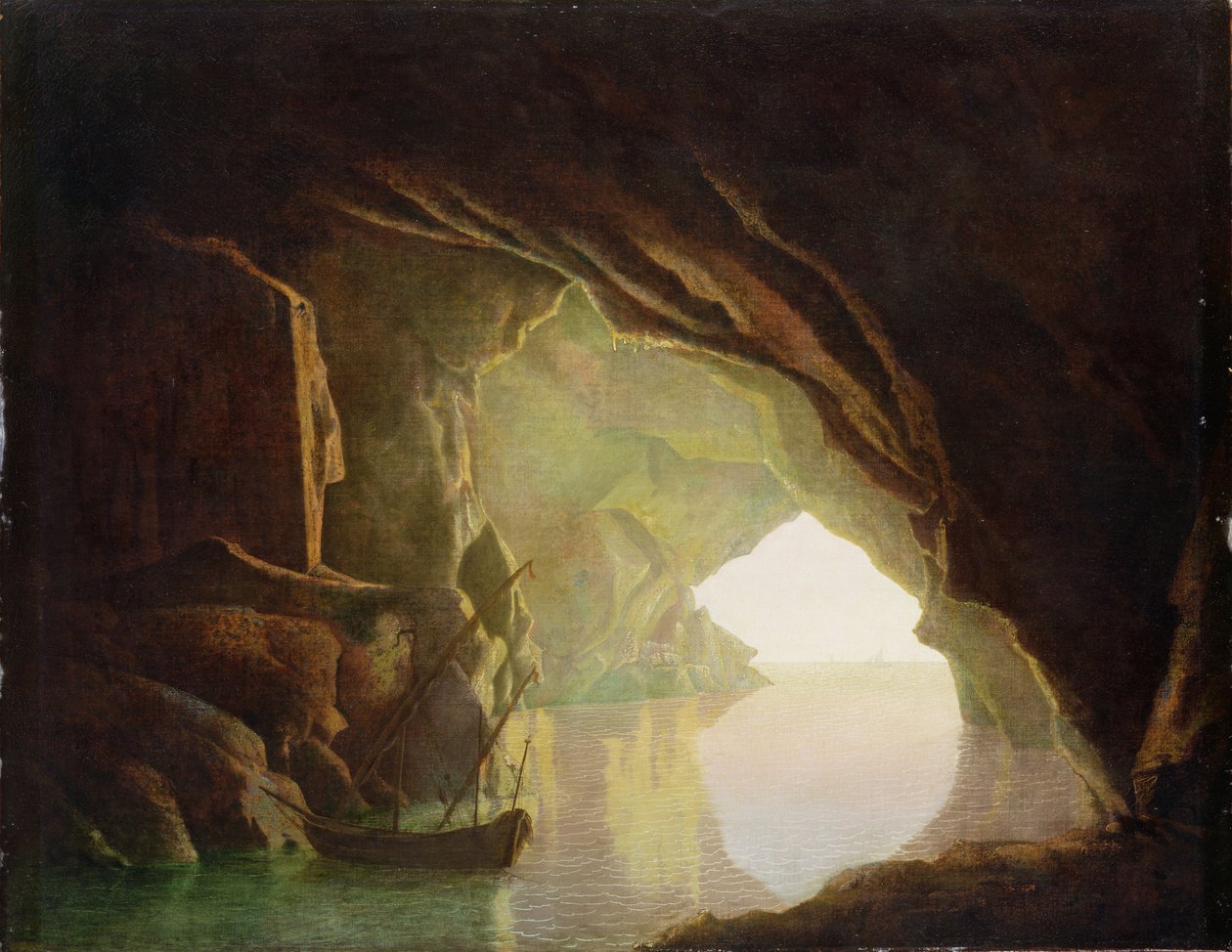 Grota w zatoce Salerno, zachód słońca, ok. 1780-1 autorstwa Joseph Wright of Derby