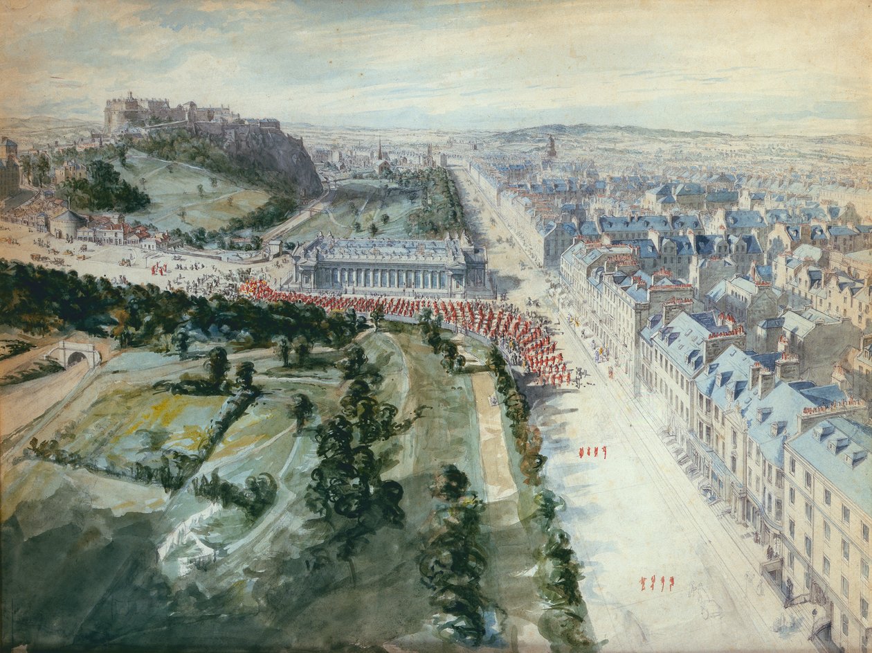 Princes Street, Edynburg Patrząc na zachód, 10.15 sierpnia 1847, pokazując Parade, na zachód od instytucji (wc) autorstwa Joseph Woodfall Ebsworth