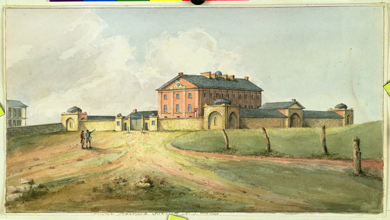 Koszary Hyde Parku, Sydney, ok. 1820 r. autorstwa Joseph Lycett