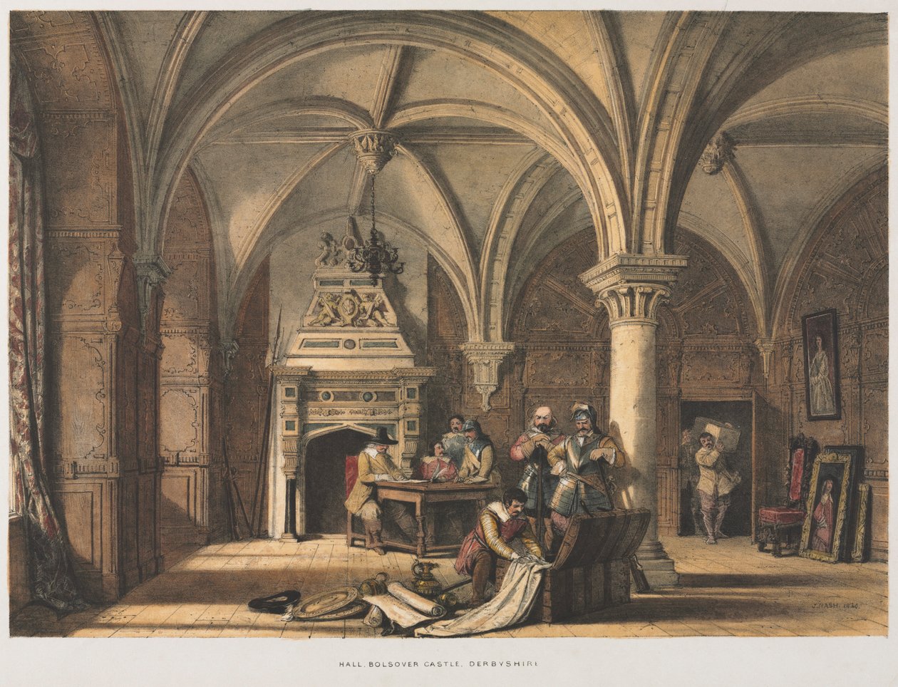 Hall, zamek Bolsover, Derbyshire, 1840. autorstwa Joseph Nash