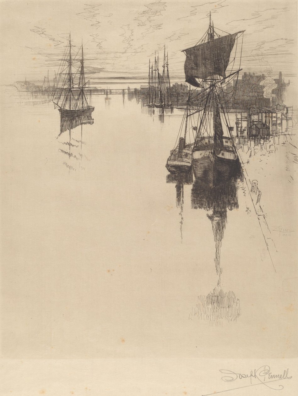 Poniżej Chestnut St. Bridge, Filadelfia, 1884. autorstwa Joseph Pennell