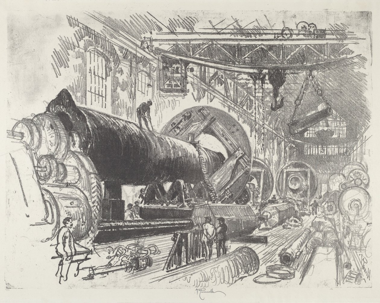 Cięcie i obracanie wielkiego pistoletu, 1916. autorstwa Joseph Pennell