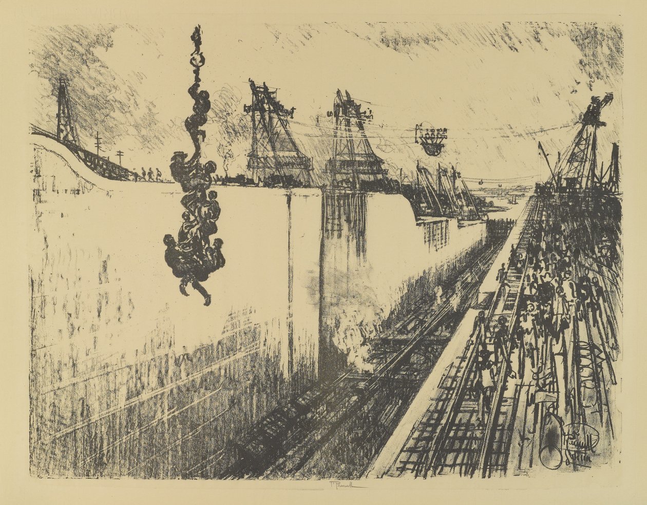 Pora obiadowa, śluza Gatun, 1912 r autorstwa Joseph Pennell
