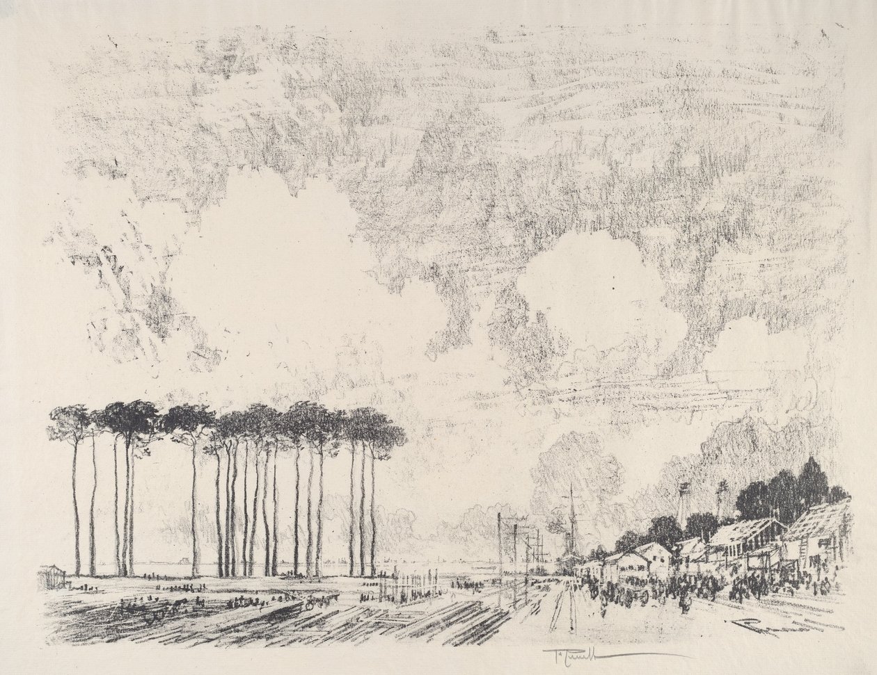 Obóz zaokrętowania, klasyczny zagajnik, 1917. autorstwa Joseph Pennell