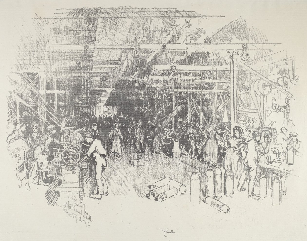 Fabryka Muszli, 1916. autorstwa Joseph Pennell