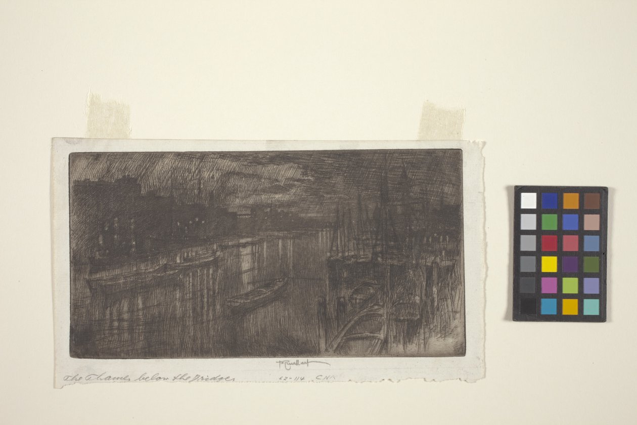 Tamiza pod mostem (akwaforta) autorstwa Joseph Pennell