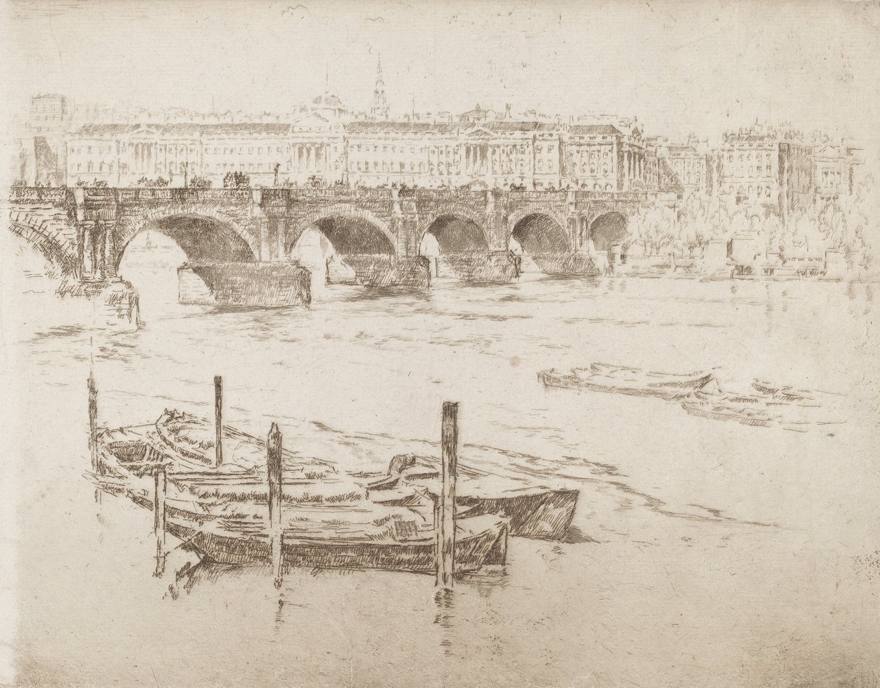 Most Waterloo i dom Somerset, 1905. autorstwa Joseph Pennell